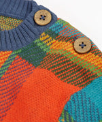 Frugi knitted kids jumper laid flat showing close up of the shoulder button detail for easy dressing