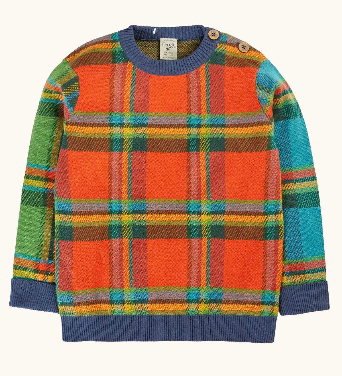 Frugi 100% GOTS organic cotton knitted kids jumper in a traditional tartan design with a trim and button shoulder buttons