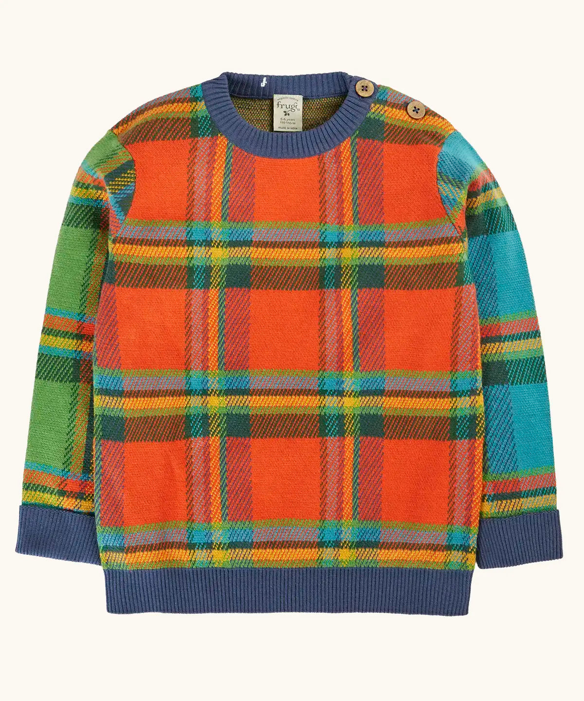 Frugi 100% GOTS organic cotton knitted kids jumper in a traditional tartan design with a trim and button shoulder buttons