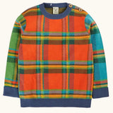 Frugi 100% GOTS organic cotton knitted kids jumper in a traditional tartan design with a trim and button shoulder buttons
