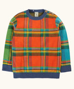 Frugi 100% GOTS organic cotton knitted kids jumper in a traditional tartan design with a trim and button shoulder buttons