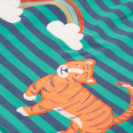 A closer look at the tiger and rainbow detail on the Frugi Dolcie Dress - Iguana Stripe/Tiger