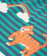 A closer look at the tiger and rainbow detail on the Frugi Dolcie Dress - Iguana Stripe/Tiger
