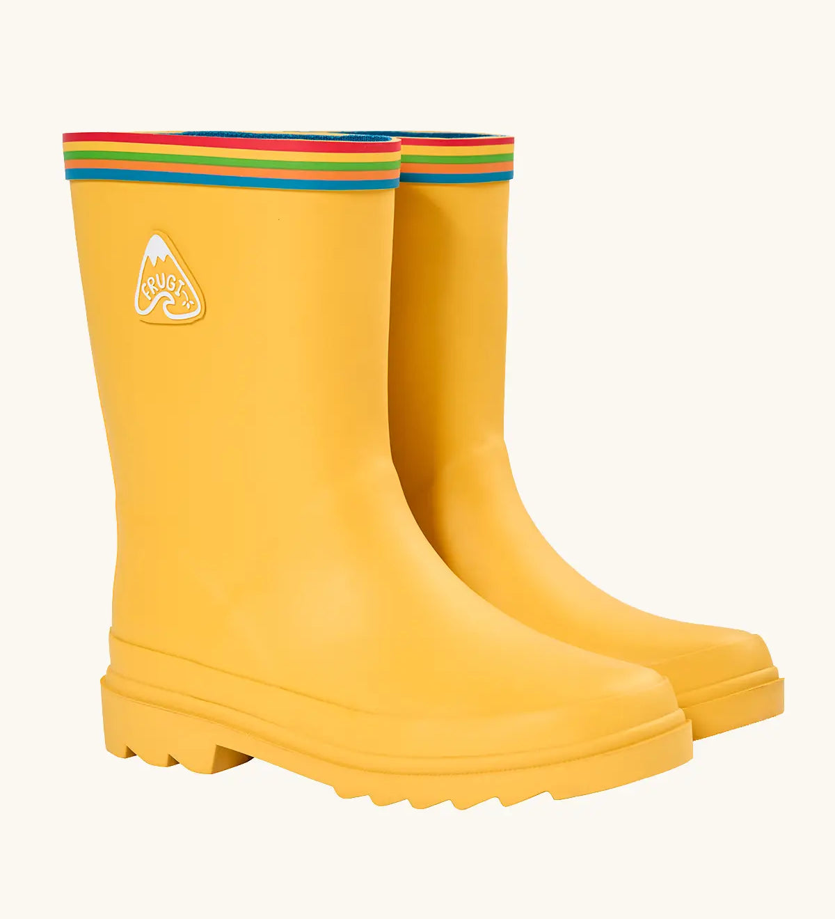 Frugi natural rubber, waterproof puddle buster wellingtons in yellow with a rainbow strip around the top