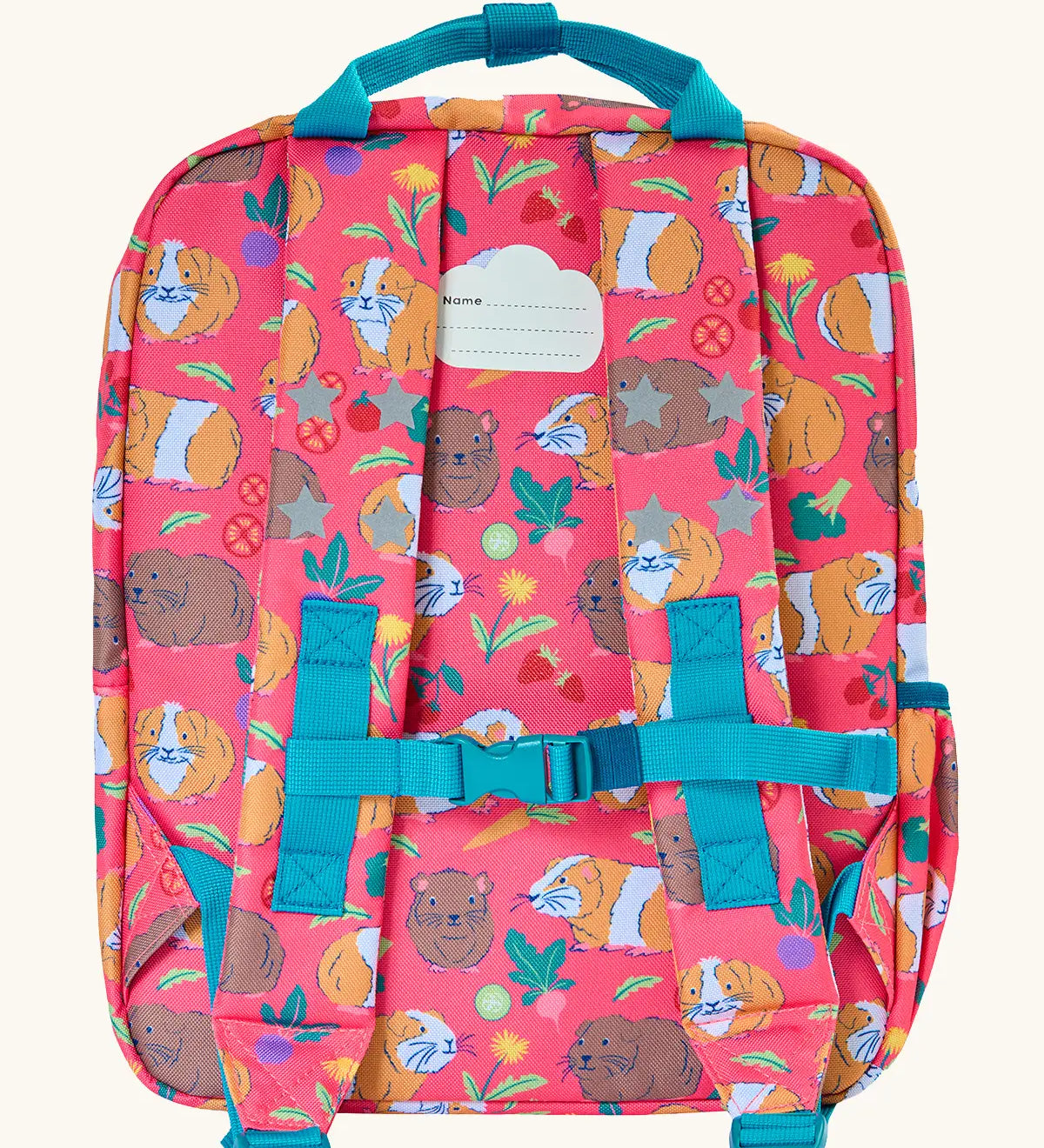 Back of Frugi explorers backpack in guinea pig muddle showing a name tag on the top and buckle fasteners on the shoulder straps