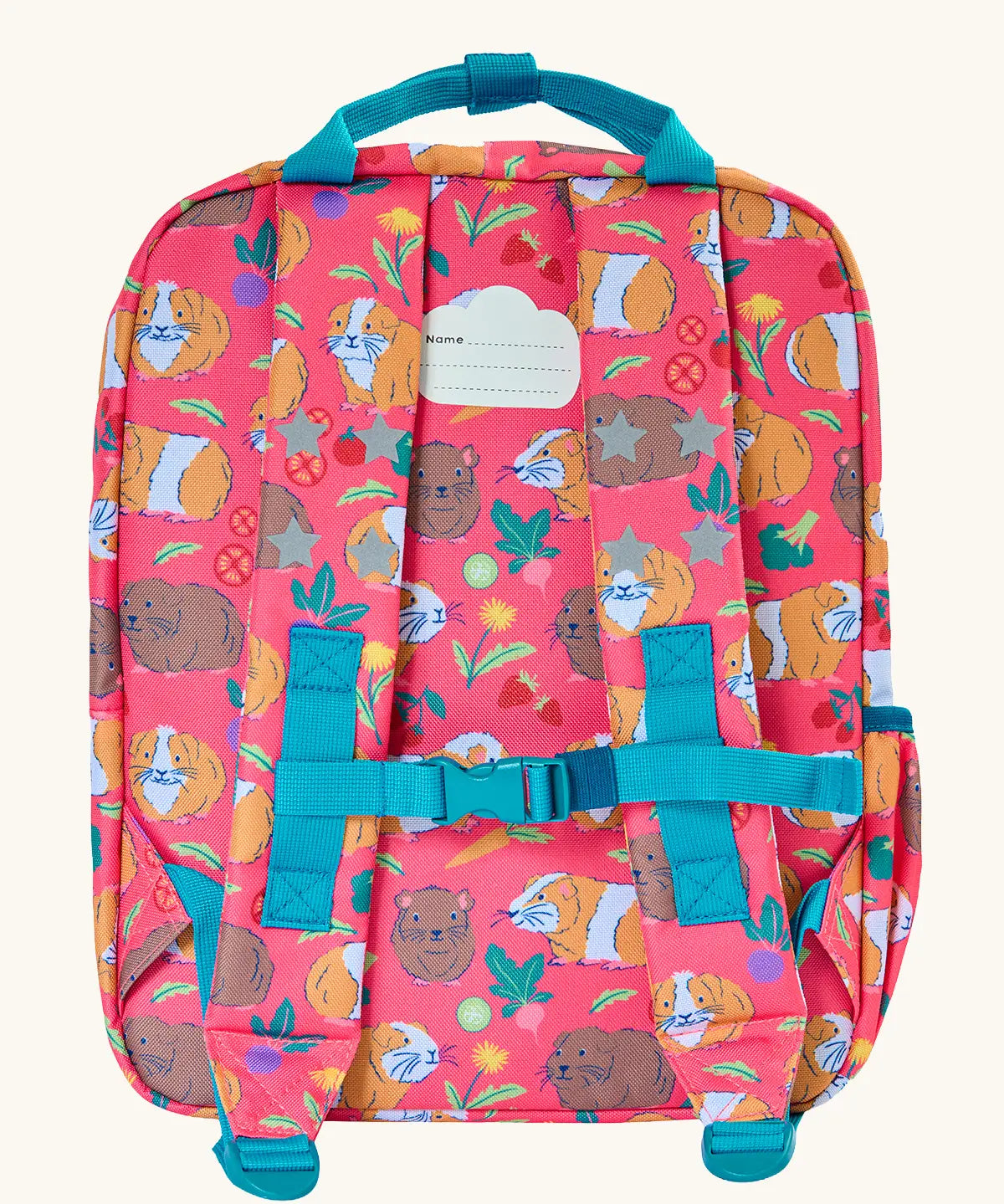 Back of Frugi explorers backpack in guinea pig muddle showing a name tag on the top and buckle fasteners on the shoulder straps