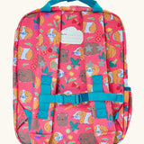 Back of Frugi explorers backpack in guinea pig muddle showing a name tag on the top and buckle fasteners on the shoulder straps