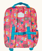 Back of Frugi explorers backpack in guinea pig muddle showing a name tag on the top and buckle fasteners on the shoulder straps