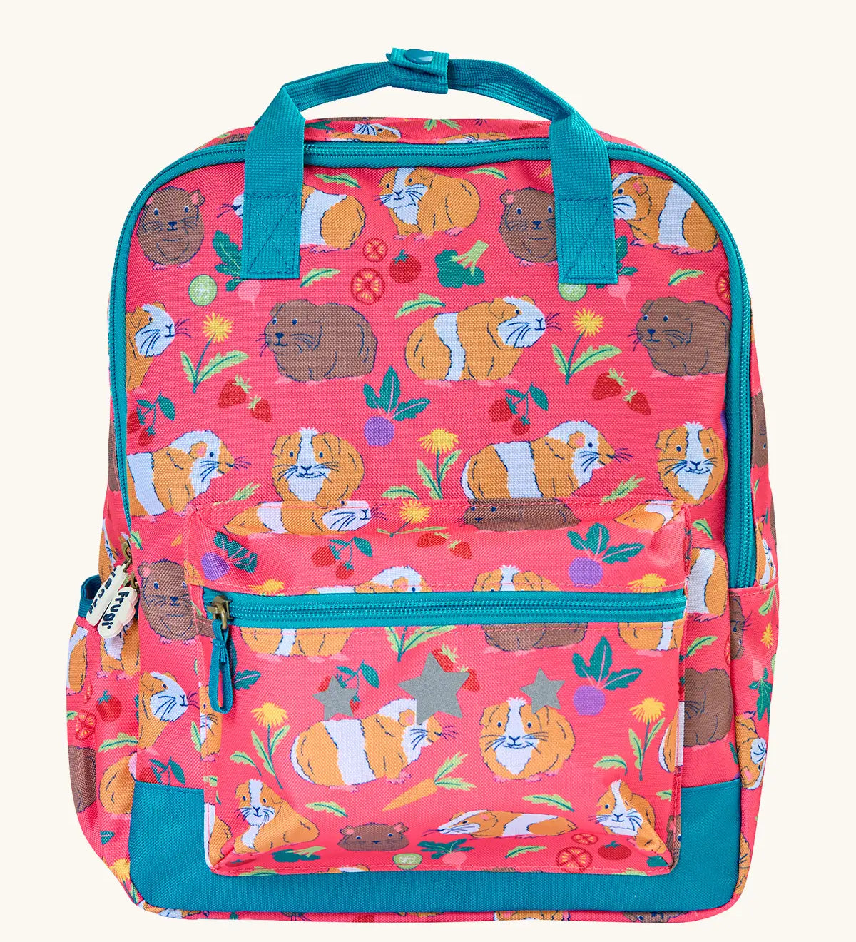 Frugi explorers backpack in pink with a repeating guinea pig design. Features a small front compartment and main compartment with blue handle
