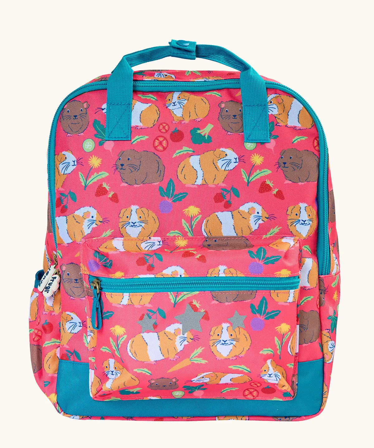 Frugi explorers backpack in pink with a repeating guinea pig design. Features a small front compartment and main compartment with blue handle