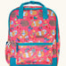 Frugi explorers backpack in pink with a repeating guinea pig design. Features a small front compartment and main compartment with blue handle