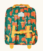 Back of Frugi explorers backpack in green with a repeating highland cow design. Features a name tag and buckle fastener on the straps