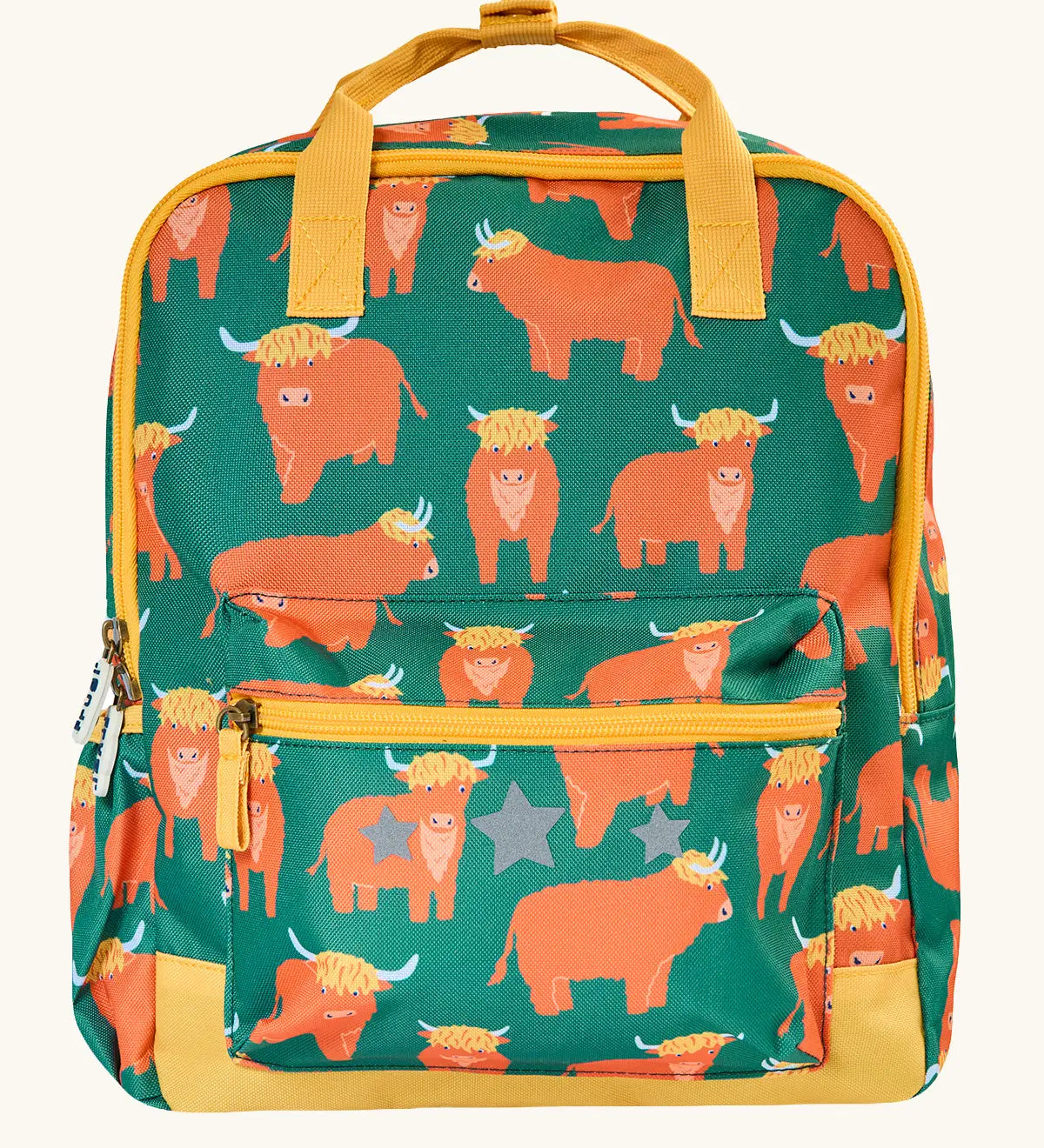 Frugi explorers backpack in green with a repeating highland cow design. Features a small front compartment and main compartment with yellow handle