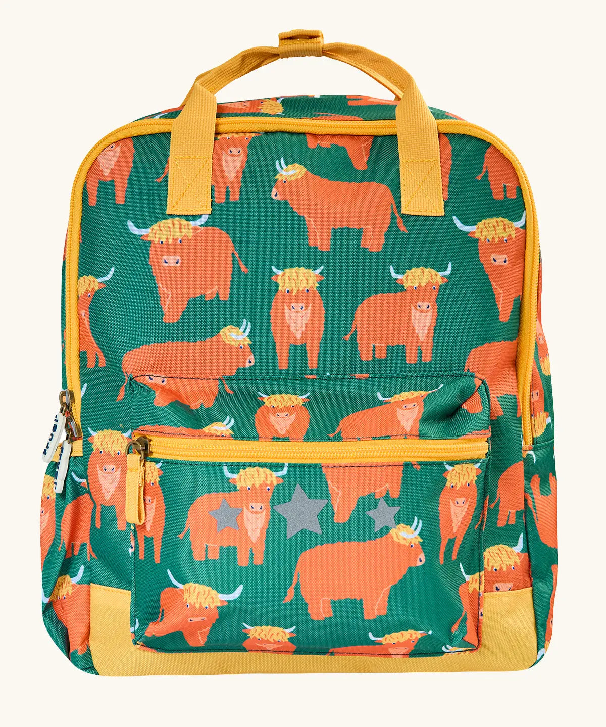 Frugi explorers backpack in green with a repeating highland cow design. Features a small front compartment and main compartment with yellow handle