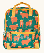 Frugi explorers backpack in green with a repeating highland cow design. Features a small front compartment and main compartment with yellow handle