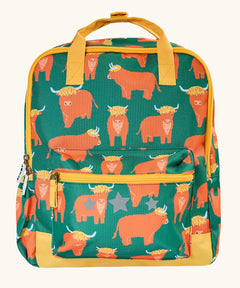 Frugi explorers backpack in green with a repeating highland cow design. Features a small front compartment and main compartment with yellow handle