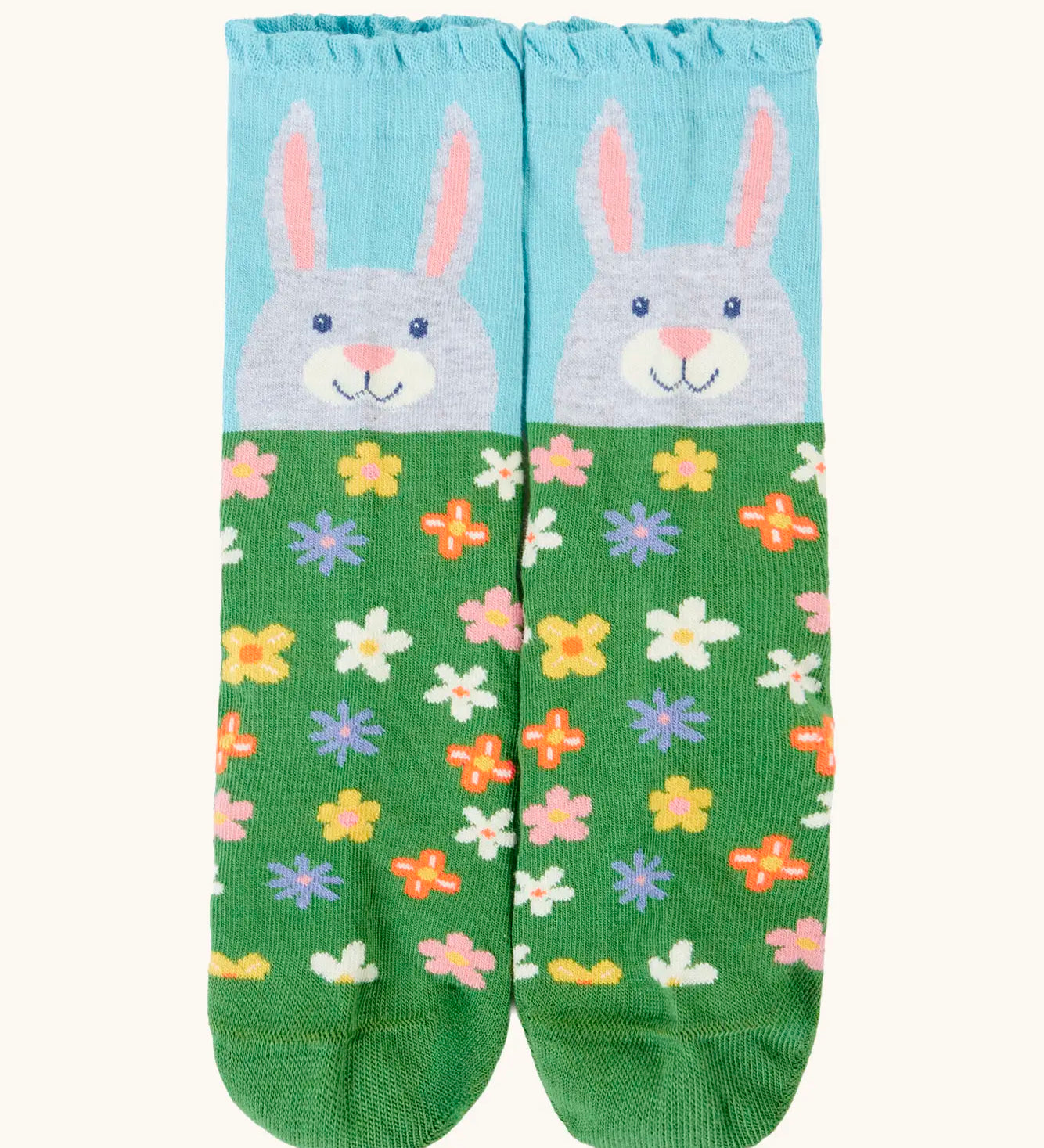 Frugi 100% organic cotton Freya frilled sock in a grey rabbit design. Shows a frill around the ankle