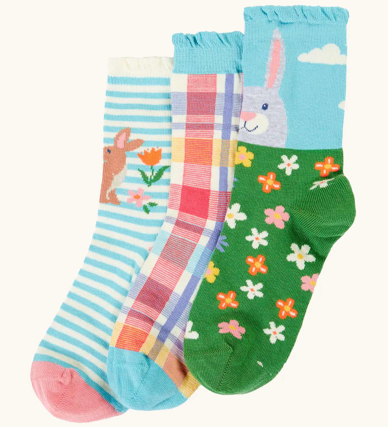 Frugi 100% organic cotton Freya frilled 3 pack sock in Easter themed designs. Shows a frill around the ankle