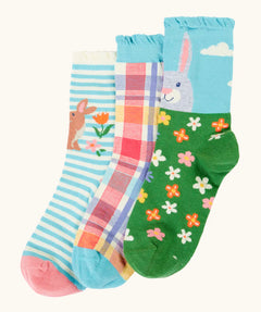Frugi 100% organic cotton Freya frilled 3 pack sock in Easter themed designs. Shows a frill around the ankle