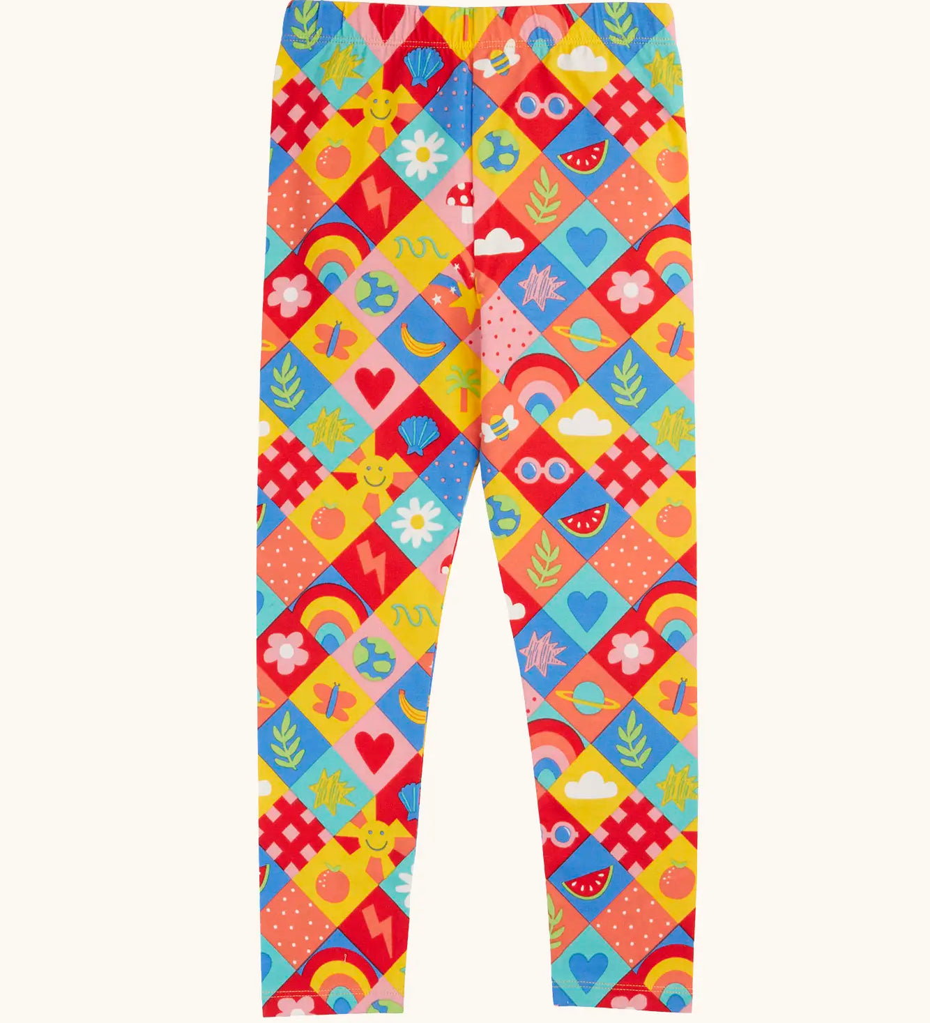 Frugi favourite things Libby leggings. GOTS organic cotton leggings with a repeating colourful design and elasticated waist band