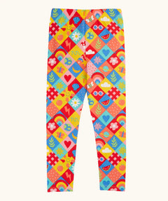Frugi favourite things Libby leggings. GOTS organic cotton leggings with a repeating colourful design and elasticated waist band