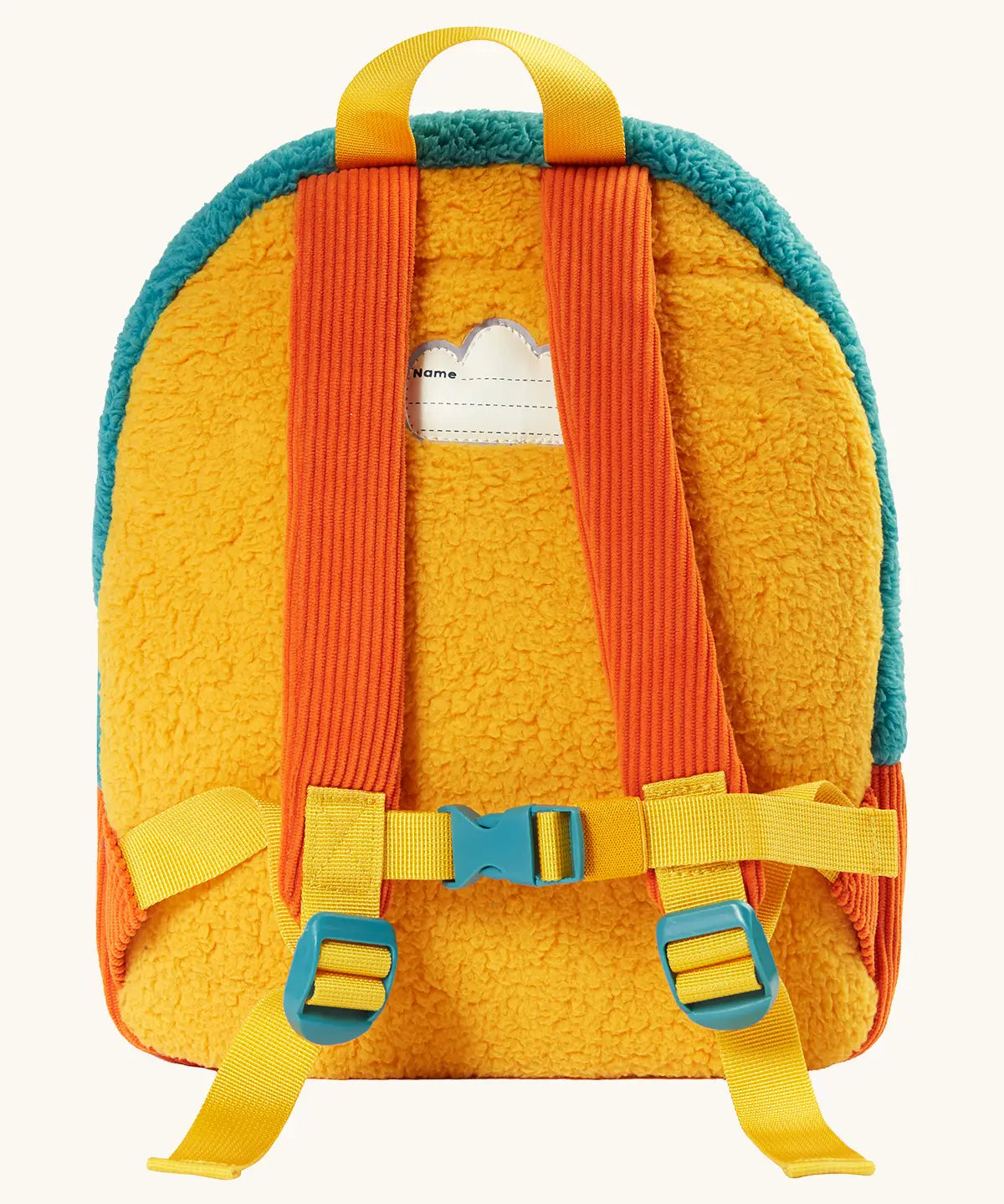 Frugi Highland cow fleece character backpack showing a yellow back panel, with a name tag, orange cord shoulder straps with buckle fasteners