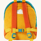 Frugi Highland cow fleece character backpack showing a yellow back panel, with a name tag, orange cord shoulder straps with buckle fasteners