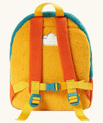 Frugi Highland cow fleece character backpack showing a yellow back panel, with a name tag, orange cord shoulder straps with buckle fasteners