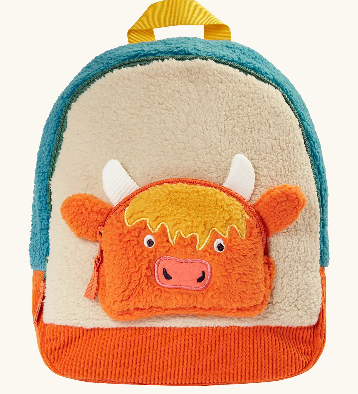 Frugi Highland cow fleece character backpack showing a cream front panel, with a Highland cow zipped pocket, blue top panel and orange cord bottom panel