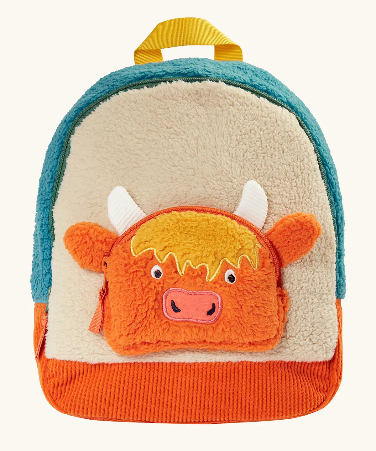 Frugi Highland cow fleece character backpack showing a cream front panel, with a Highland cow zipped pocket, blue top panel and orange cord bottom panel