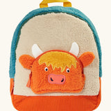 Frugi Highland cow fleece character backpack showing a cream front panel, with a Highland cow zipped pocket, blue top panel and orange cord bottom panel