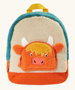 Frugi Highland cow fleece character backpack showing a cream front panel, with a Highland cow zipped pocket, blue top panel and orange cord bottom panel