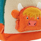 Frugi Highland cow fleece character backpack showing a close up of the Highland cow zipped front compartment