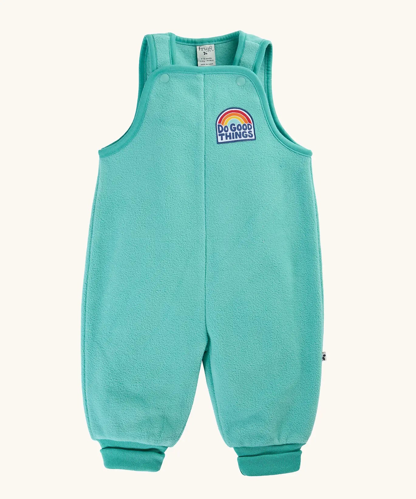 Frugi Flurry Fleece Dungarees in light teal Moss with elasticated cuffs and a 'do good things' chest emblem.