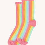 The pastel striped sock from the Frugi Frill Socks 2 Pack in stars available at Babipur. Sock features a gentle frill around the ankle and a pink heel/toe panel