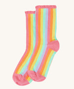The pastel striped sock from the Frugi Frill Socks 2 Pack in stars available at Babipur. Sock features a gentle frill around the ankle and a pink heel/toe panel