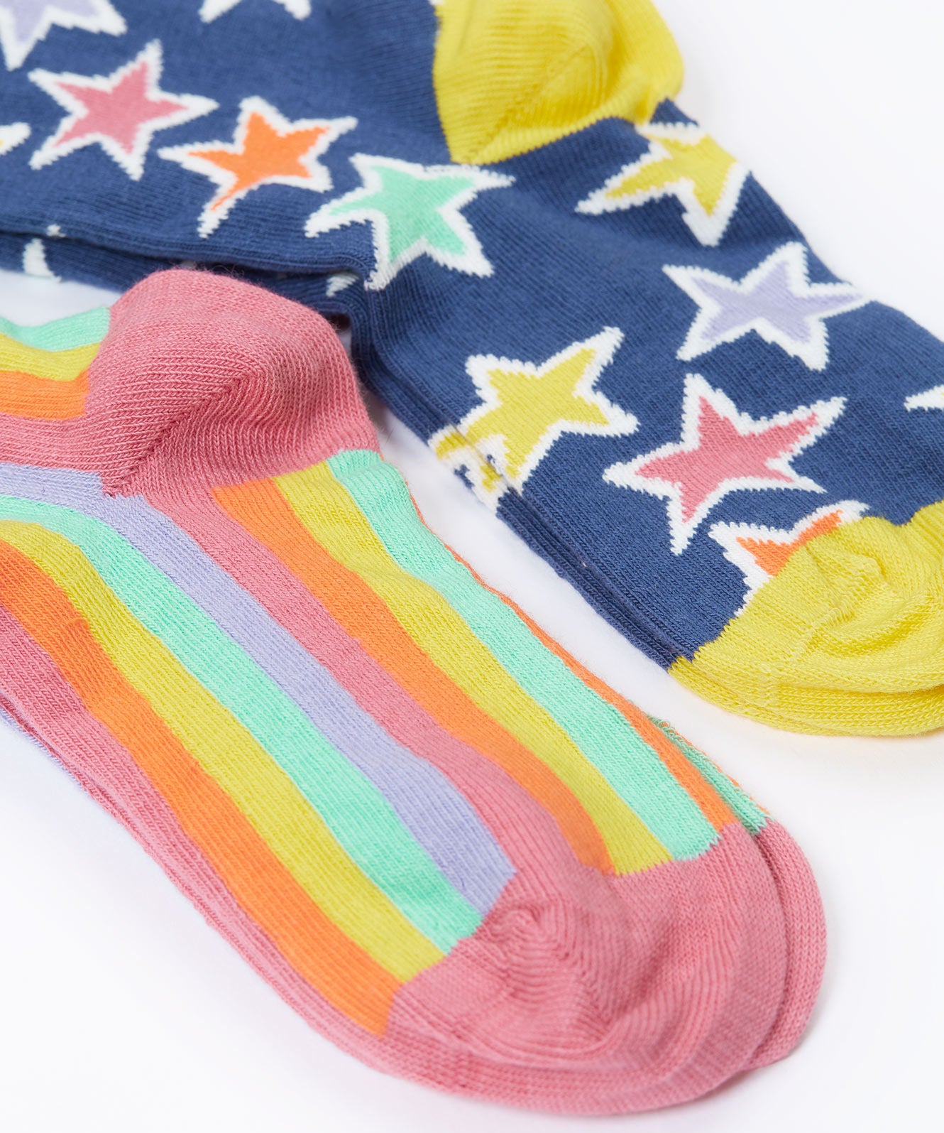 A close up of Frugi Frill Socks 2 Pack in stars available at Babipur. Showing the heel/toe panel detail 