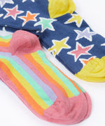 A close up of Frugi Frill Socks 2 Pack in stars available at Babipur. Showing the heel/toe panel detail 