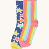 Frugi Frill Socks 2 Pack in stars available at Babipur. A pair of GOTS organic socks in a blue with bold stars  and a light pastel stripe design sock. Socks features a gentle frill around the ankle