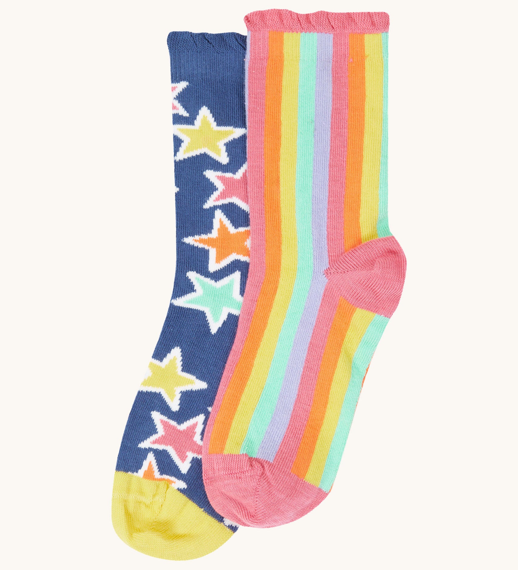 Frugi Frill Socks 2 Pack in stars available at Babipur. A pair of GOTS organic socks in a blue with bold stars  and a light pastel stripe design sock. Socks features a gentle frill around the ankle