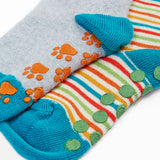 Frugi GOTS organic cotton fold over 2 pack socks in a colourful striped design and another in grey showing a close up of the grippy sole patches