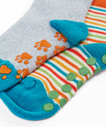 Frugi GOTS organic cotton fold over 2 pack socks in a colourful striped design and another in grey showing a close up of the grippy sole patches