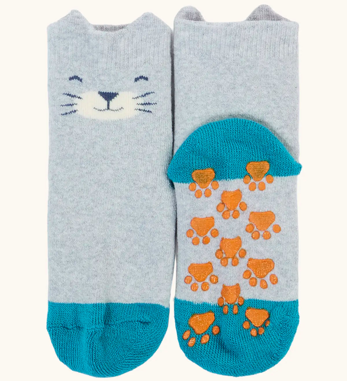 Frugi GOTS 100% organic cotton fun fold over socks in grey with a cat's face on the cuff and grippy orange paw prints patches 