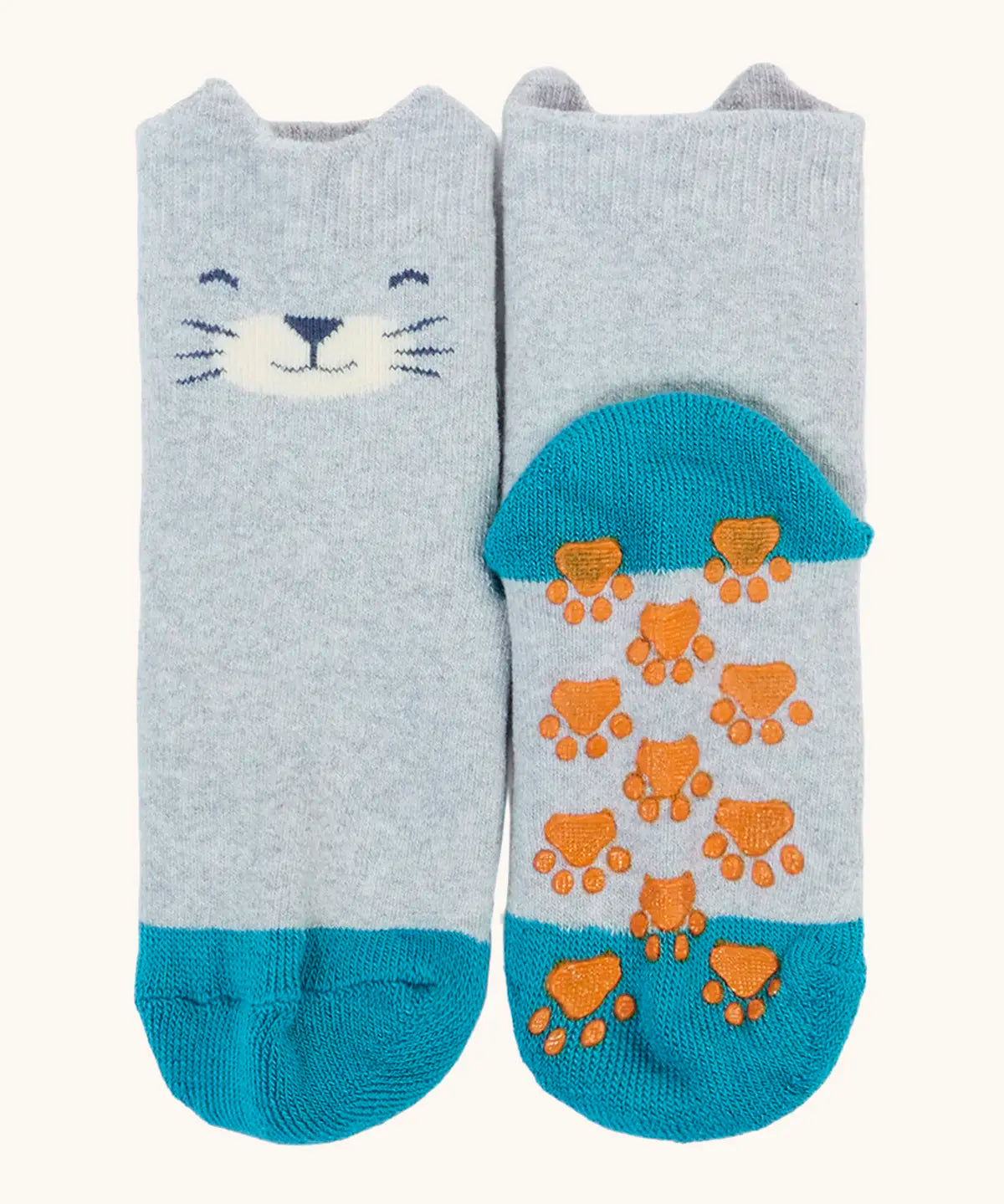 Frugi GOTS 100% organic cotton fun fold over socks in grey with a cat's face on the cuff and grippy orange paw prints patches 