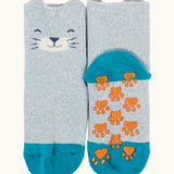 Frugi GOTS 100% organic cotton fun fold over socks in grey with a cat's face on the cuff and grippy orange paw prints patches 