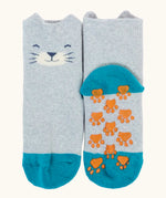 Frugi GOTS 100% organic cotton fun fold over socks in grey with a cat's face on the cuff and grippy orange paw prints patches 