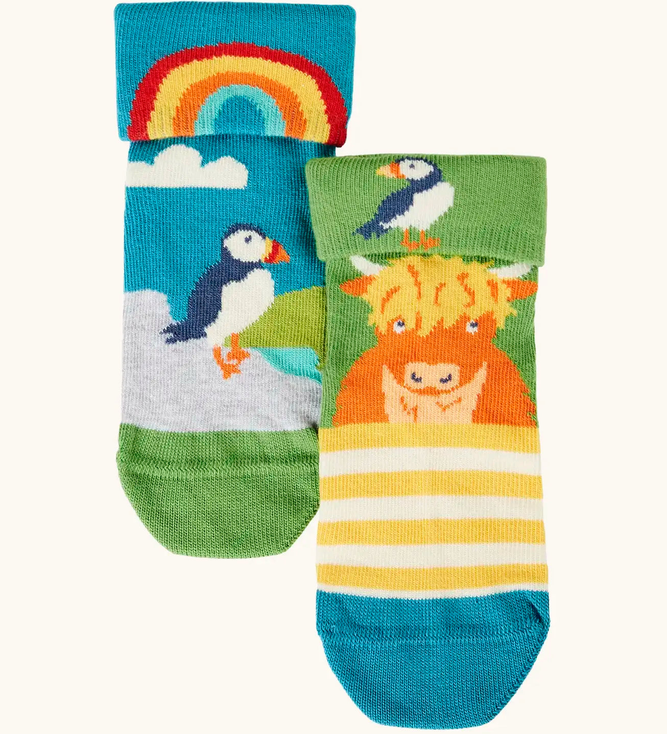 Frugi GOTS organic cottonfun fold over socks in a 2 Pack with a highlands inspired design design and a hidden detail on the cuff