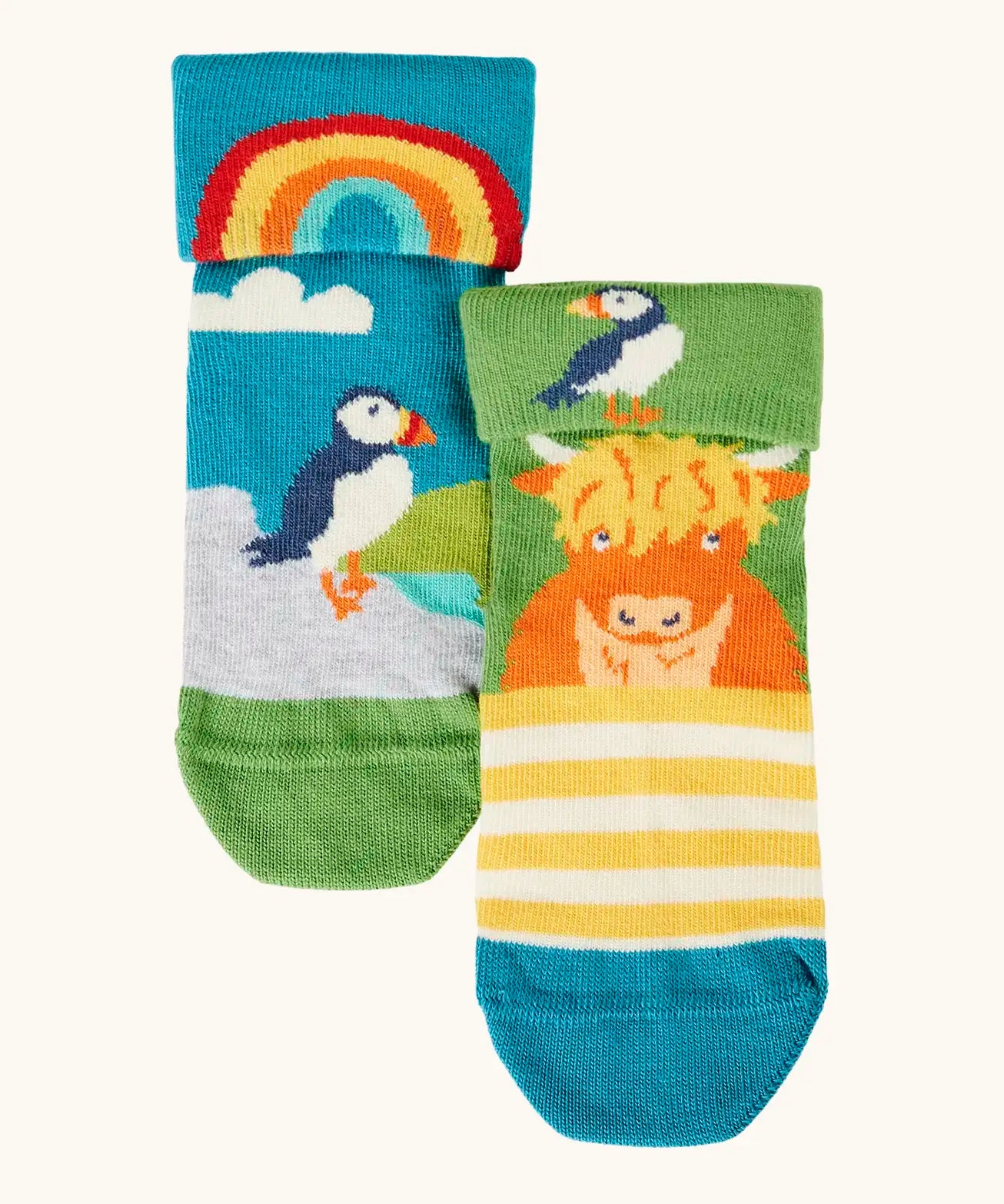 Frugi GOTS organic cottonfun fold over socks in a 2 Pack with a highlands inspired design design and a hidden detail on the cuff