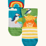 Frugi GOTS organic cottonfun fold over socks in a 2 Pack with a highlands inspired design design and a hidden detail on the cuff