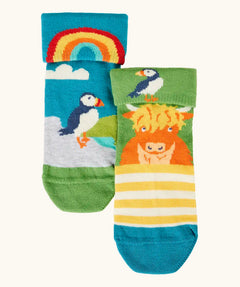 Frugi GOTS organic cottonfun fold over socks in a 2 Pack with a highlands inspired design design and a hidden detail on the cuff